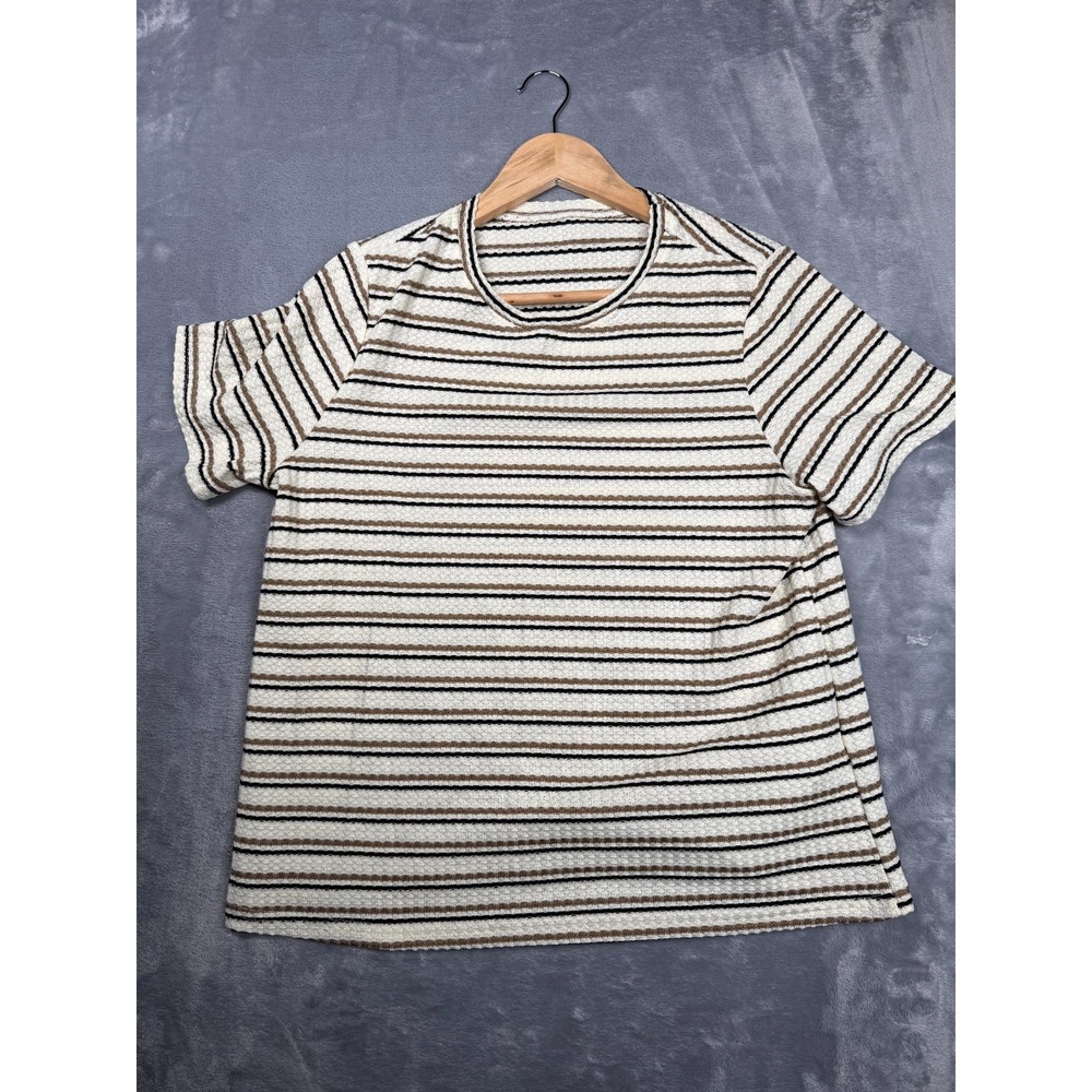 Dazy T Shirt Womens Large Beige Striped Stretch Short Sleeve Knitted Crew Neck